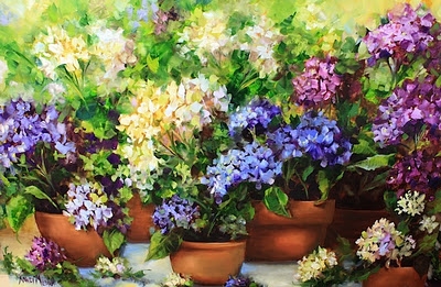 "Let It Rain Hydrangea Blossom Container Garden" by  Artist Nancy Medina